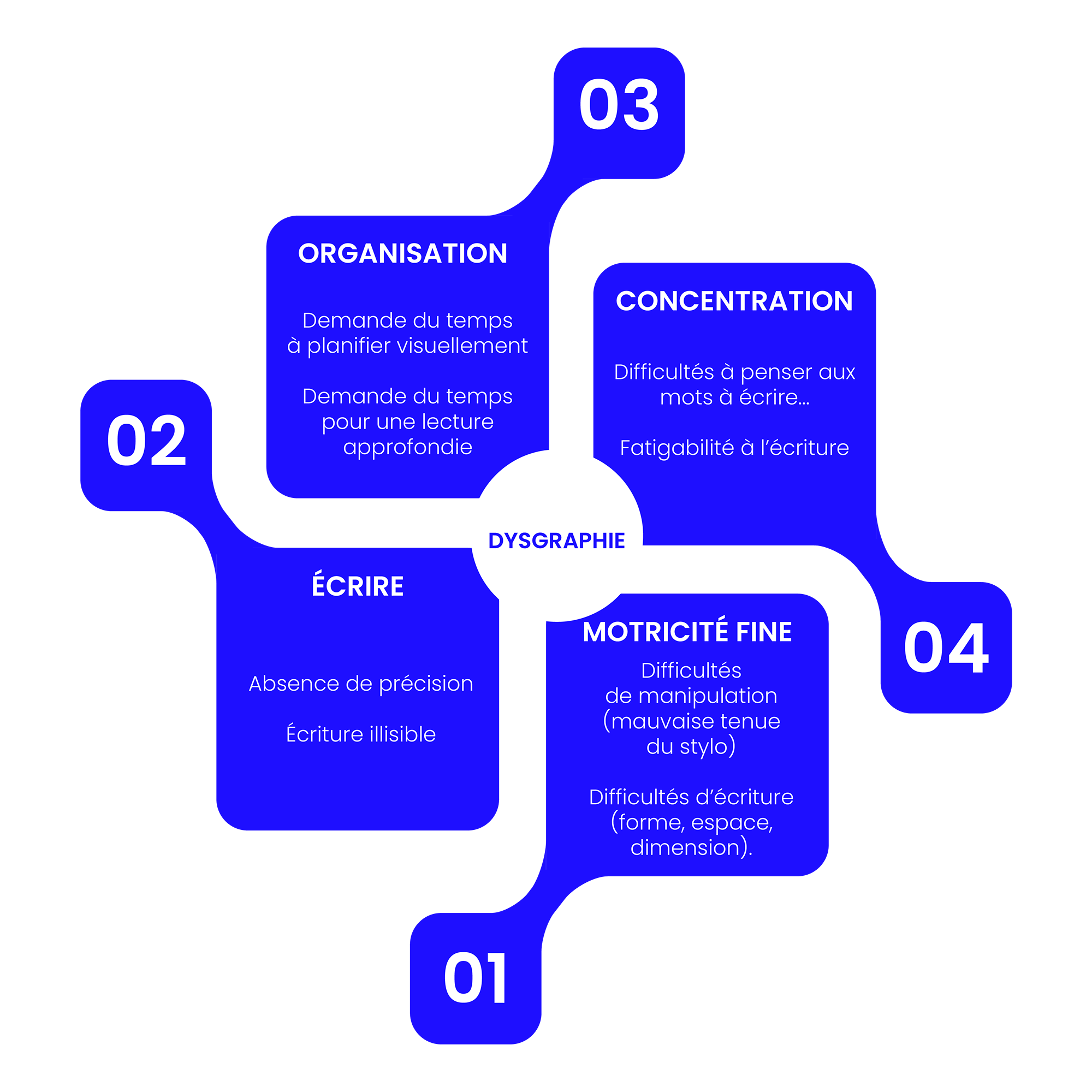Infographie présentant les 4 signes de la dysgraphie : troubles de la motricité fine, difficultés d'organisation, problèmes de concentration et altération de la qualité de l'écriture.